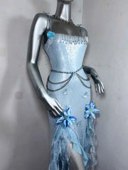Hnewly Fantasy Sea Spirit*TDH Blue Jellyfish Flowing Light Sparkling Tassel Fairy Slit Long Dress Gown Lolita Costume
