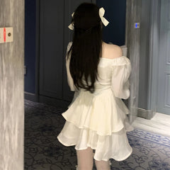 Hnewly Summer Fashion Sweet Cake White Short Dresses Femme High Waist Long Sleeves Dress Fairy Elegant Lace Evening Dresses for Women