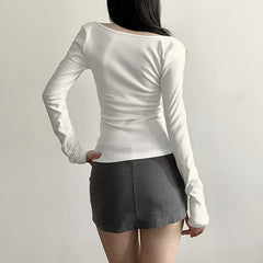 Hnewly fashion sexy v-neck bow lace up t-shirts slim fit white casual top for women early autumn new long sleeve tee shirt
