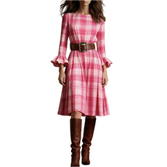 Hnewly Ladies' Bohemian Style Temperament Pleated Skirt Fashionable Round Neck Plaid Print edRetro Long Sleeved Casual A-line Dress
