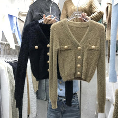 Hnewly Fuzzy Knit Crop Cardigan with Gold Button Long Sleeve V-neck Fitted Sweater Jacket Teen-girl Autumn Winter Y2K Outfit