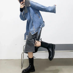 Hnewly Denim Midi Skirts Women Autumn Lace-up Vintage Side-slit Personality Streetwear High Waist All-match Y2k Girls Chic A-line Jupe