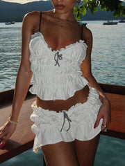 Hnewly Sweet Style Shirring 2 Piece Set Women Sexy Low-Neck Backless Ruched Camisole+Tierred Skirts Y2K Fashion Streetwear