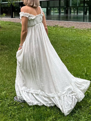 Hnewly Women White Long Dress Lace Trim Tie-up V Neck Sleeveless Ruffle Loose Tank Dress for Evening Party Club Bohemian Summer