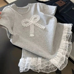 Hnewly Lace patchwork Short Sleeved T-shirt Ballet Style Sweet Bow Top Women's Korean Round Neck Loose Versatile Tee Casual Pullover