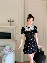 Hnewly French Elegant Floral Print Dress Women Casual Lace Patchwork Short Sleeve Black Dress Evening Party Korean Fashion Clothing
