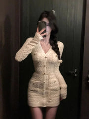 Hnewly DRESS TO IMPRESS French Elegant Slim Knitted Dress Short Party One Piece Dress Korean Fashion Winter Sexy Bodycon Y2k Mini Dress Woman Chic