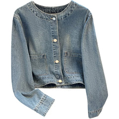 Hnewly Light Blue Retro Denim Jacket Women's Spring Single Breasted Loose Cardigan Short Top Autumn O-Neck Long Sleeve All-Matched Top
