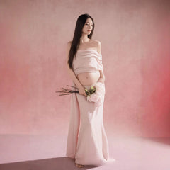 Hnewly Summer Maternity Photoshoot Dress Elegant Pink 2 Piece Outfit Top and Long Skirt for Pregnant Women Baby Shower Home Studio