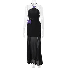 Hnewly Butterfly Appliqué Halterneck Cut-out Maxi Dress Cut-out at the Waist Backless Stylish Elegant Dress