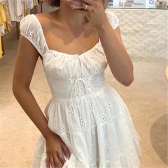 Hnewly Short sleeve white dresses for women Summer mini lace dress elegant white kawaii dress hollow out lace up dress puff sleeve
