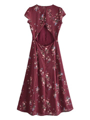Lunivop Vintage French Style Wine Red Floral Backless Split Midi Dress Elegant Woman Hollow Out Hole Short Sleeve Dresses Vestido