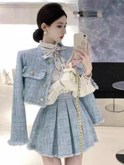 Hnewly Autumn New Tweed Short Jacket Coat and Mini Skirt Two Piece Set for Women Outfits Vintage Tassel High Waist Pletaed Skirt Suits