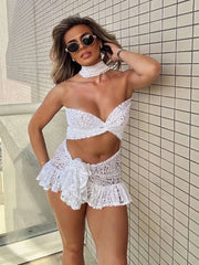 Hnewly Sexy See Through 2 Piece Set Women Halter Cross Low-Neck Bandages Mini Tops+Ruched Lace-Up Skirts Y2K Style Outfits