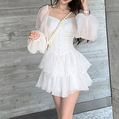 Hnewly spring Summer new Solid color princess dress women square neck fashion Long Sleeve ball gown elegant Ruffles patchwork Vestidos the dress black dress white dress