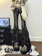 Hnewly American High Street Bell Bottom Jeans Vintage Washed Low-waist Denim Pants 2025 Summer New Loose Straight Wide Leg Pants