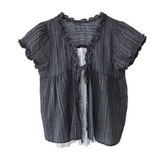 Hnewly Summer Light Blue Striped Shirts Women Fungus V-neck Lace Up Puff Sleeve Blouses New Loose Casual All-match Tops Mujer