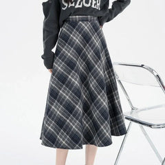 Hnewly Vintage Plaid Skirt Women Preppy Style Autumn Winter Long Skirts Retro High Waist Streetwear Casual A-line Midi Skirts