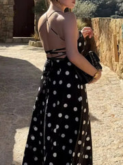 Hnewly Retro Polka Dot Backless Halter Neck Women Dress Chic Sleeveless High Waist Lace Up Maxi Dresses Lady Holiday Street Wears
