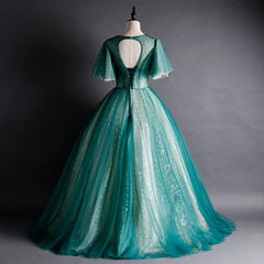 Lunivop Green O-Neck Short Sleeves Evening Dresses For Women Elegant Party Gown Tulle Lace Up Appliques Prom Dress Beading Sequins