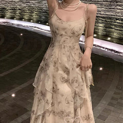 Hnewly Elegant Holiday Dresses for Women Long Floral Chiffon Midi Dress Sleeveless Vintage Dress Fairy Slim Party Casual