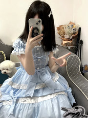 Hnewly Silver Moon Kawaii Lolita Ballet Style JSK Mini Dress Women Daily Sweet Pink Bow Lace Sling Princess Doll Dresses Y2k Vestidos