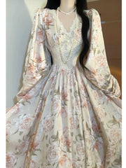 Hnewly Summer French Elegant Floral Midi Dress Beach V-neck Fashion Vestidos Printed Vintage Evening Party Dress Korean Style Chic