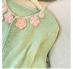 Hnewly Flower Appliques Round Neck Knit Sweater Women's Sweet Long Sleeve 2025 Early Autumn Knitwear Loose Single Breasted Design Tops