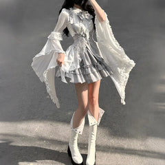 Hnewly Original Gothic Lolita Dress Set Spring and Summer New Women's Sweet Slim-Fit Horn Sleeves Shirt Skirt Waist Seal 3-piece Set