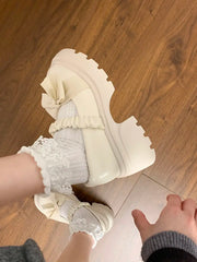 Hnewly Women Summer Thick Sole Mary Jane Leather Shoes Platform Chunky Heel High Heel Bow French Japanese JK Academic College Slip On