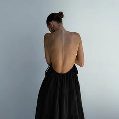 Hnewly Long Skirt Sexy Open Back Temperament Strap Skirt Vacation Style Dress
