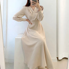 Hnewly Harajuku V-neck Puff Sleeve A-line Maxi Dresses for Woman Women Solid Color Midi Robe Korean Office Dresses Elegant Spring
