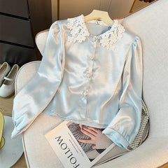 Hnewly Elegant Satin Spliced Lace Shirt Women French Style Summer 2025 Doll Collar Pearl Single Breasted Light Luxury Long Sleeve Tops