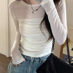 Hnewly Mesh Top y2k Clothing Women Sheer See Through Round Neck Long Sleeve Ruched T Shirt 2000s Aesthetic Clothes Streetwear