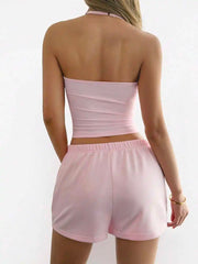 Hnewly Women Solid Color 2-Piece Set Fitted Camisole And Drawstring Shorts Casual Vacation Beach Home Wear Pink