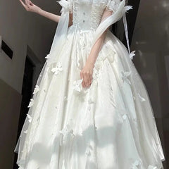 Hnewly Lolita Goddess Fairy Dress New Spring Summer Beads 3d Butterfly White Long Dress Beach Vacation Elegant Dress