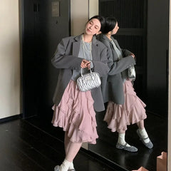 Hnewly Women Pink Ruffled Skirts Elegant Korean Style High Waist Elastic Waist Asymmetric Lace Layered Short Skirts Mesh Skirt