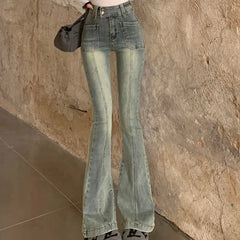 Hnewly Pockets Vintage High Waist Skinny Jeans Female Hong Kong Style Denim Bell Bottom Pants Spicy Girl Blue Oversized Boot Cut Jeans