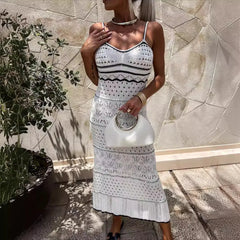 Hnewly Spring Summer New V-neck Knitted Hollow Strap Dress