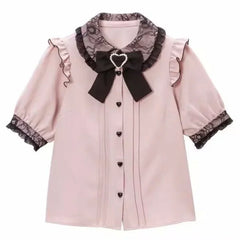 Hnewly Japanese Kawaii Lapel Neck Bow Shirts Women Summer Short Sleeve Lace Lolita Blouses Y2k Grunge Heart Button Blusas Mujer