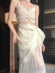 Hnewly Y2k Aesthetic Lace Patchwork Slip Dress Harajuku Grunge Cross Pleated Woman Dresses Summer Streetwear Irregular Split Vestidos