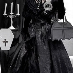 Hnewly Lolita Style Retro Runaway Princess Gothic Black Dress Women Courtly Lace Ruffles Big Hem Slim Vintage Dress