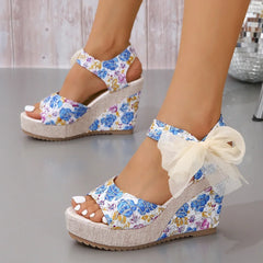 Hnewly Fashion Open Toe Women's Sandals Summer Printing Round Toe Platform Wedges Sandals for Daily Casual Dress Shoes