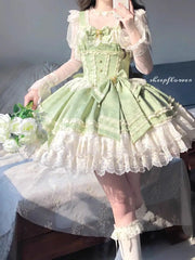 Hnewly Harajuku Sweet Bow Lace Cake Dress Women Japanese Kawaii Sleeveless Princess Ballet Dresses Aesthetic Elegant Y2k Slim Clothing