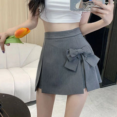 Hnewly Chic Bow Knot Pleated Skirt Women Korean Asymmetrical Split High Waist Skirts Ladies Preppy Style Basic Solid A-Line Skirt Mujer
