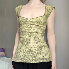 Hnewly Vintage y2k Square Collar Crop Top Cute Coquette Floral Print Slim-fitting Tee Shirt for Summer Retro Harajuku Women Tees