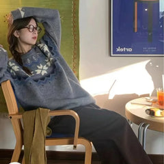 Hnewly Fair Isle Sweater for Women Cozy Loose Long Sleeve Crew Neck Knit Pullovers Christmas Sweater Autumn Winter Vintage Outfit