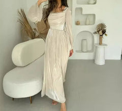 Hnewly French Retro Style for Women Summer A-Line Skirt New Fashion Square Neck Elegant Long Sleeved Pleated High Waist Long Dress