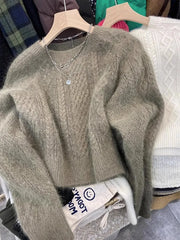 Hnewly Imitation Raccoon Velvet Sweater Fashion Thread Round Neck Top Women's Autumn Winter Thick Long Sleeve Warm Knitted Hoodie