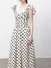 Hnewly French Elegance Polka Dot Dress New Summer Style Pleated Long Skirt with Waist Slimming and Graceful the dress black dress white dress